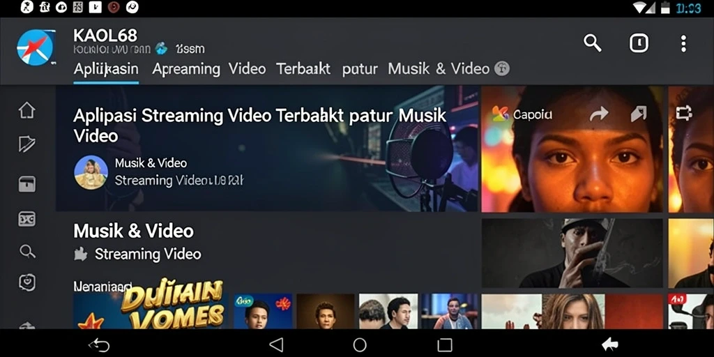 Antarmuka KAOL68 menampilkan konten video yang terorganisir dengan rapi.